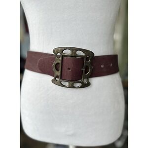 Vtg Womens Belt sz 34 Burgendy Glove Red Cowhide Wide Brass Buckle Cowgirl Rodeo